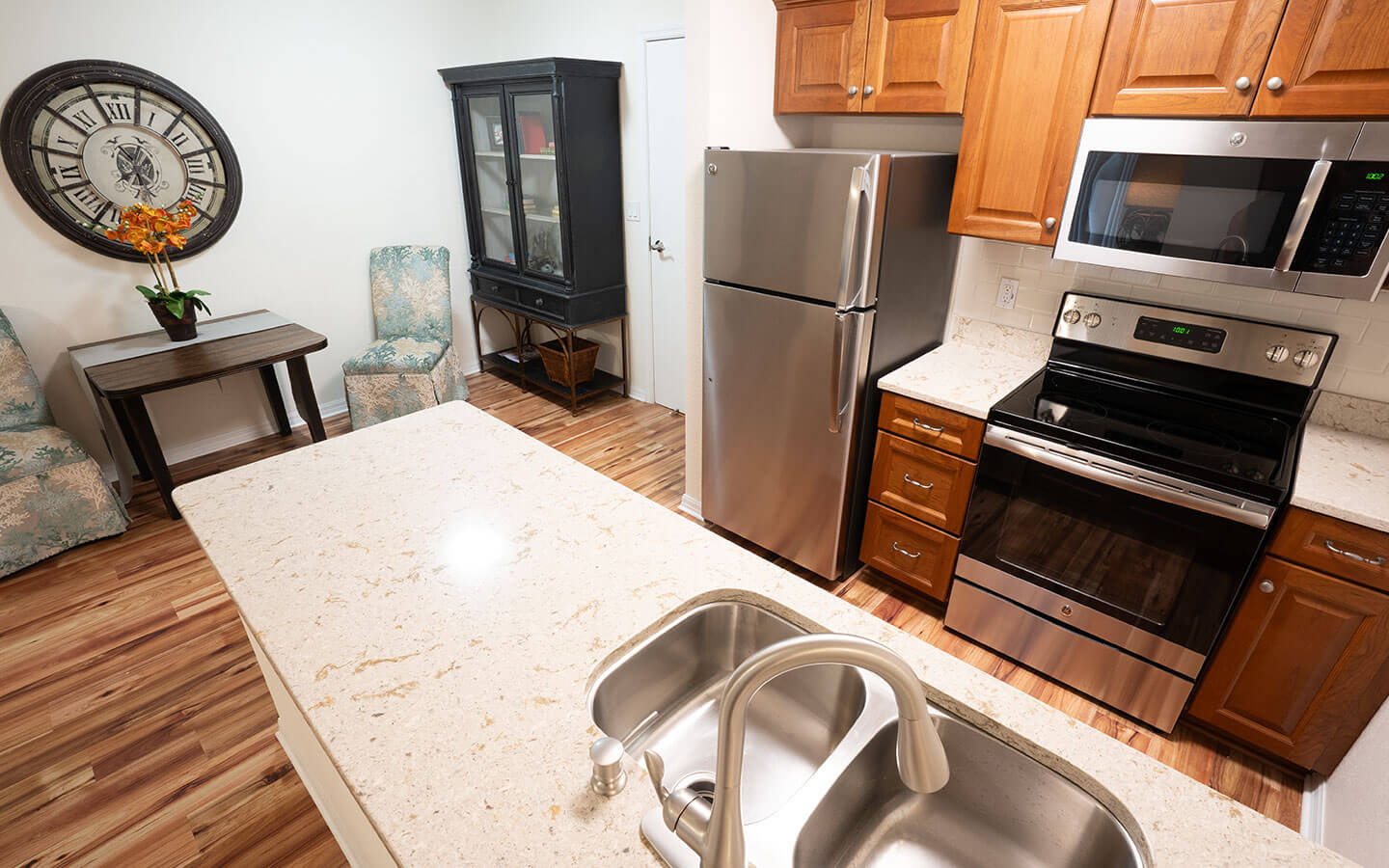 Kitchen with fridge and stove