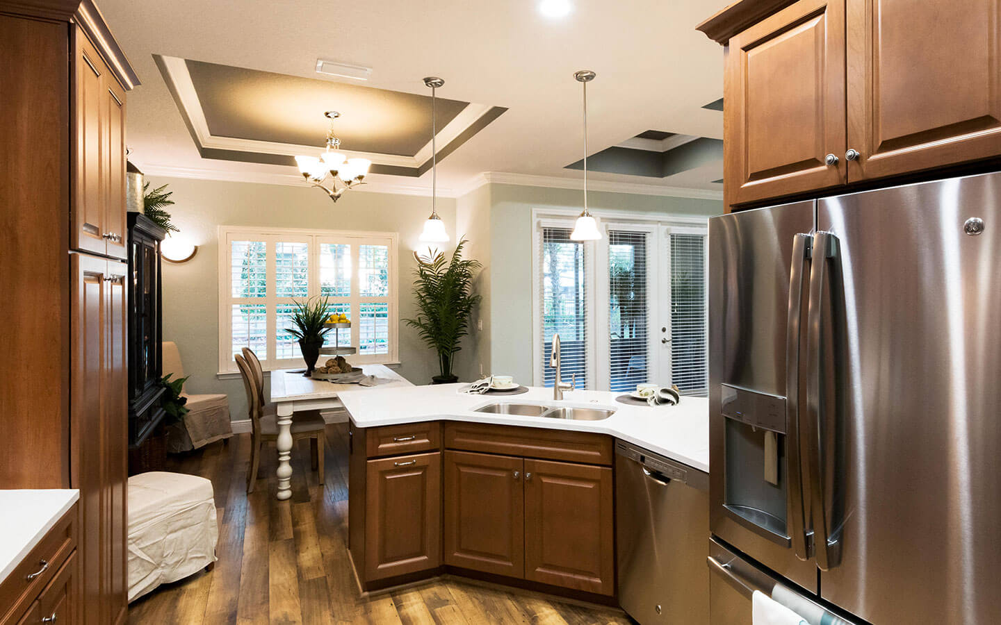 View from kitchen into the dining nook.