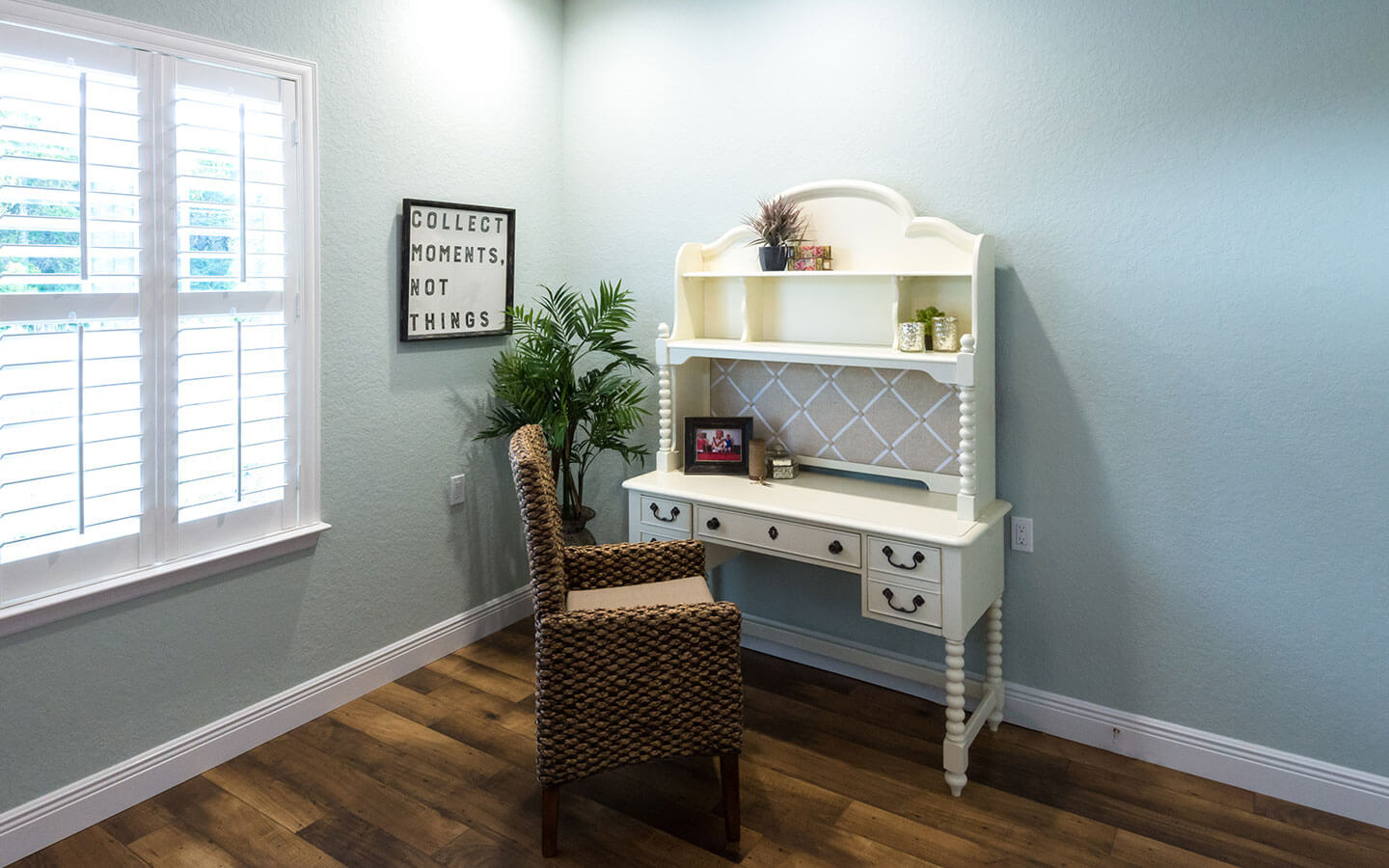Home office with desk and chair.